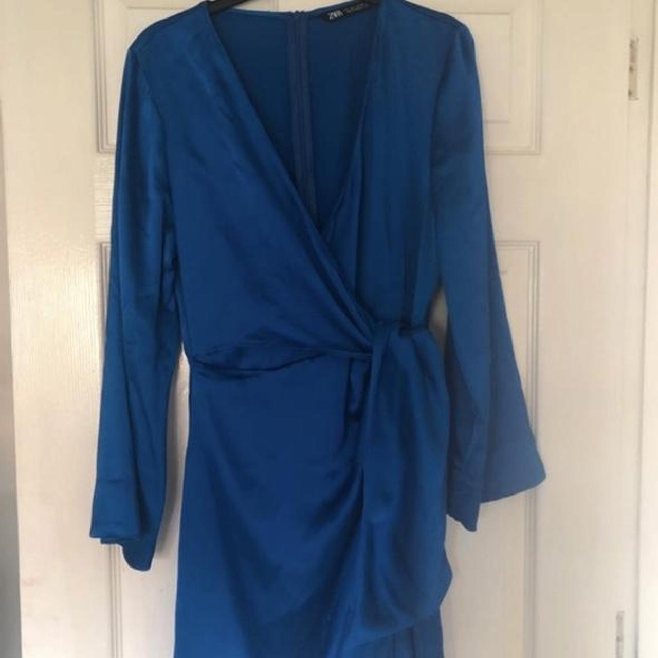 Blue Zara satin wrap dress size 12. Barely worn,... - Depop