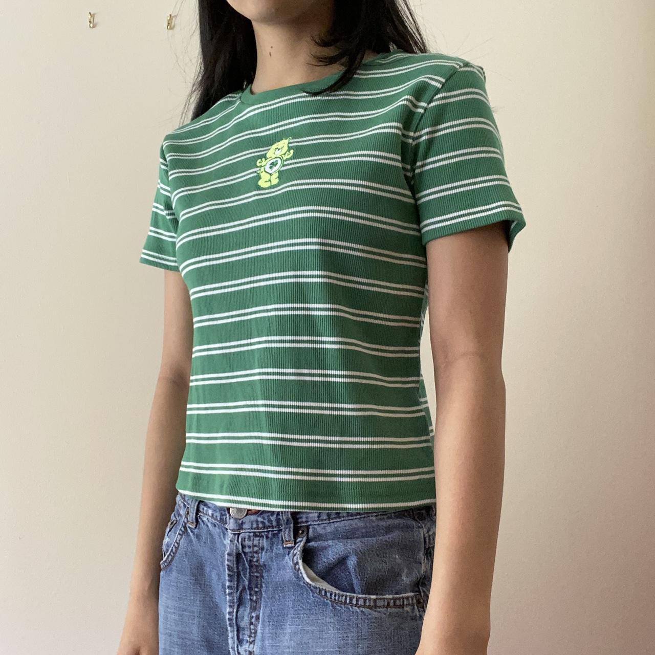 🍀 green care bears striped baby tee! embroidered... Depop