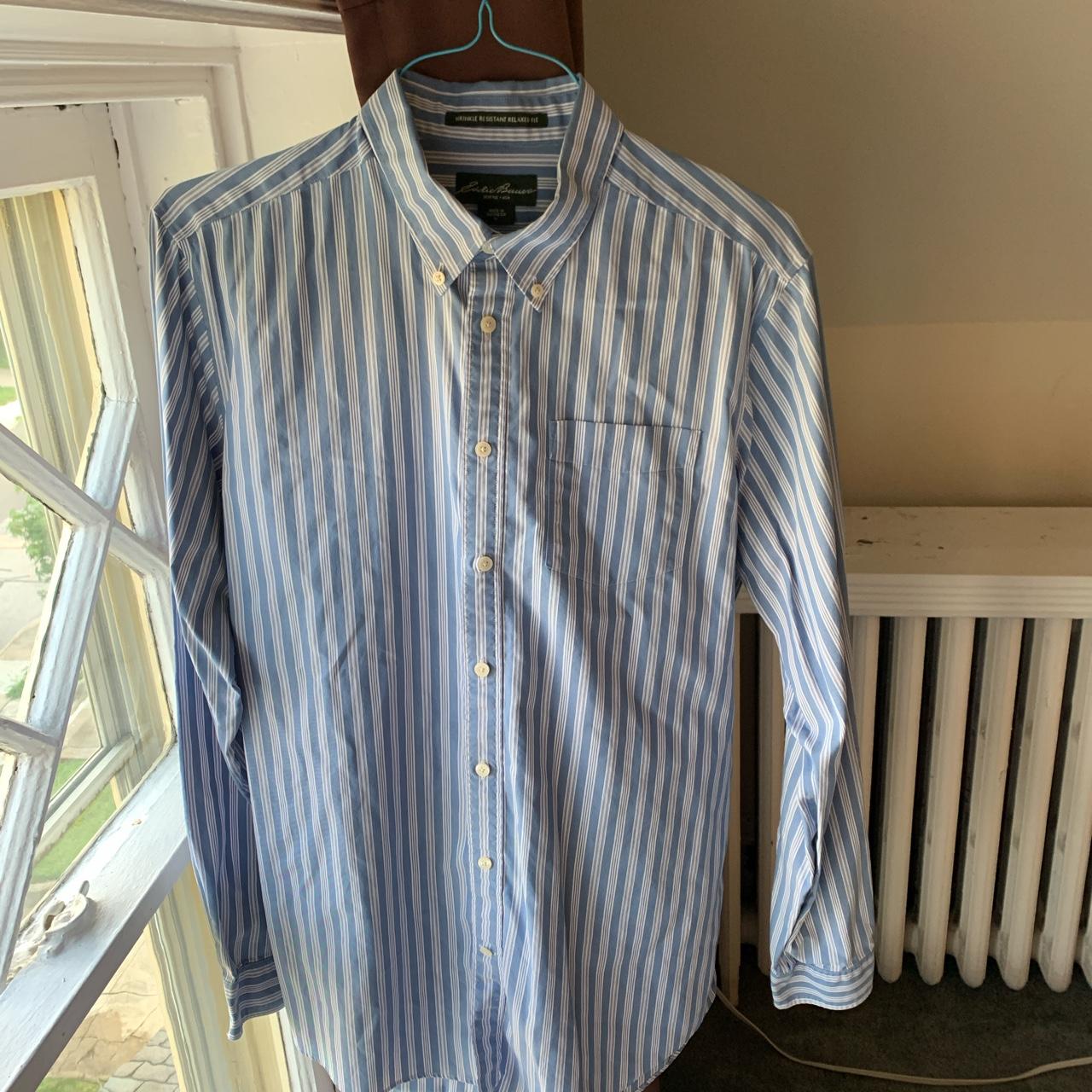 Eddie Bauer Men's Blue and White Shirt | Depop