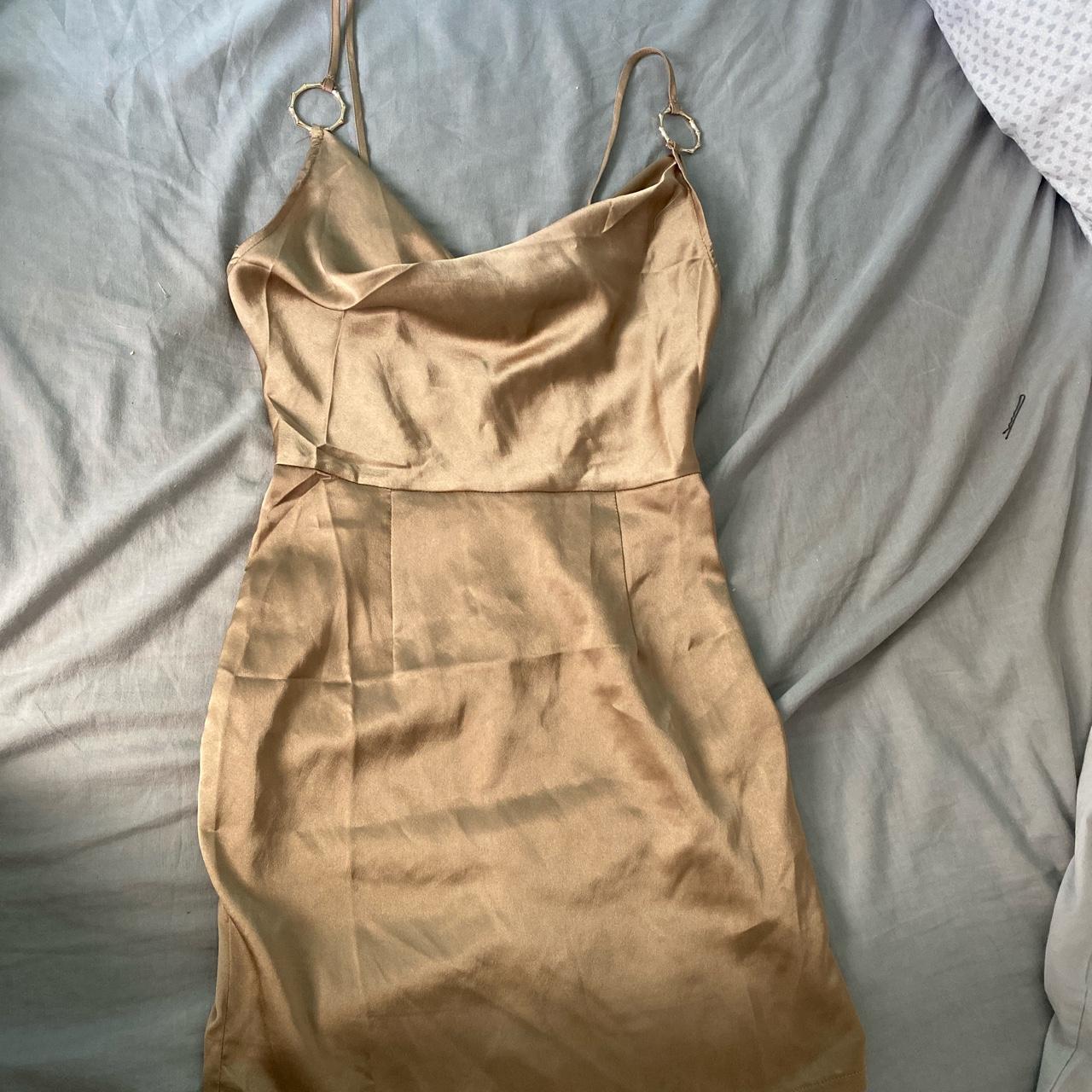 Gold satin plt midi dress Worn once for a couple of... - Depop