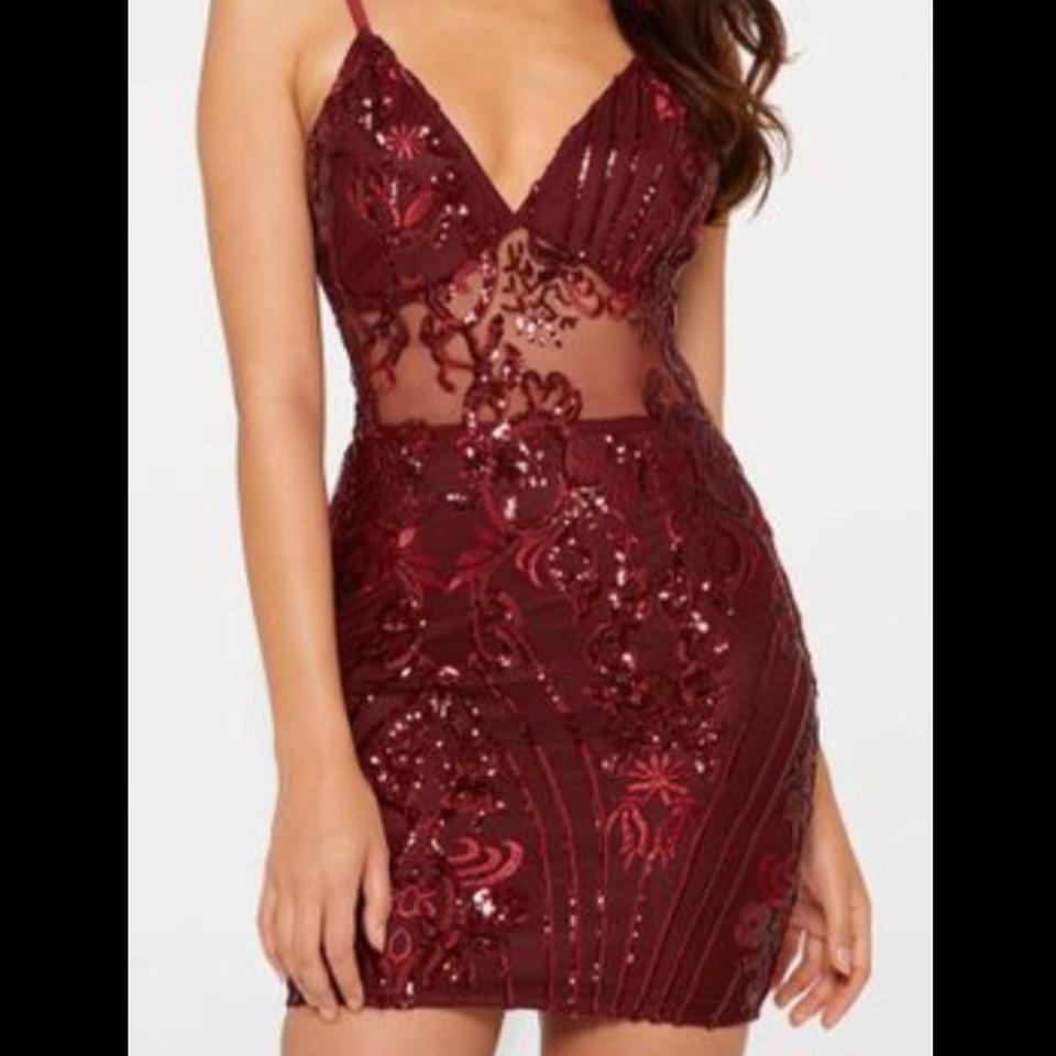 burgundy strappy sheer panel sequin bodycon dress