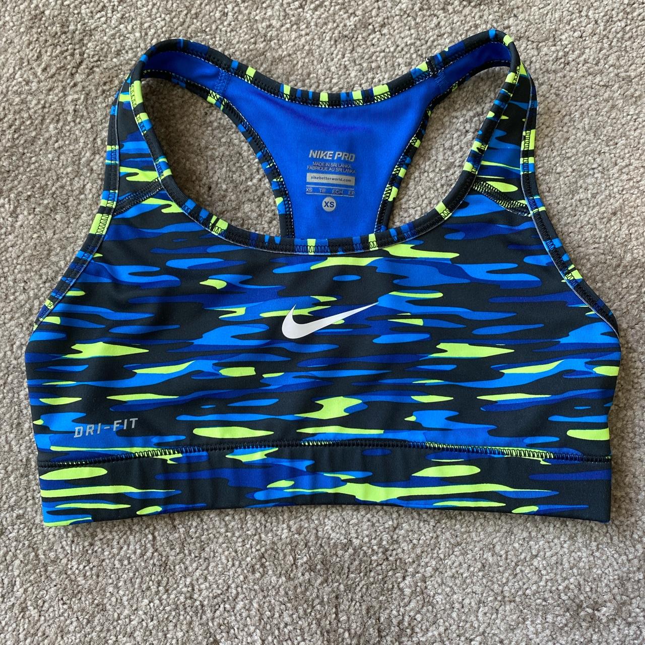 Nike Pro Dri-Fit sports bra Black and blue print - Depop