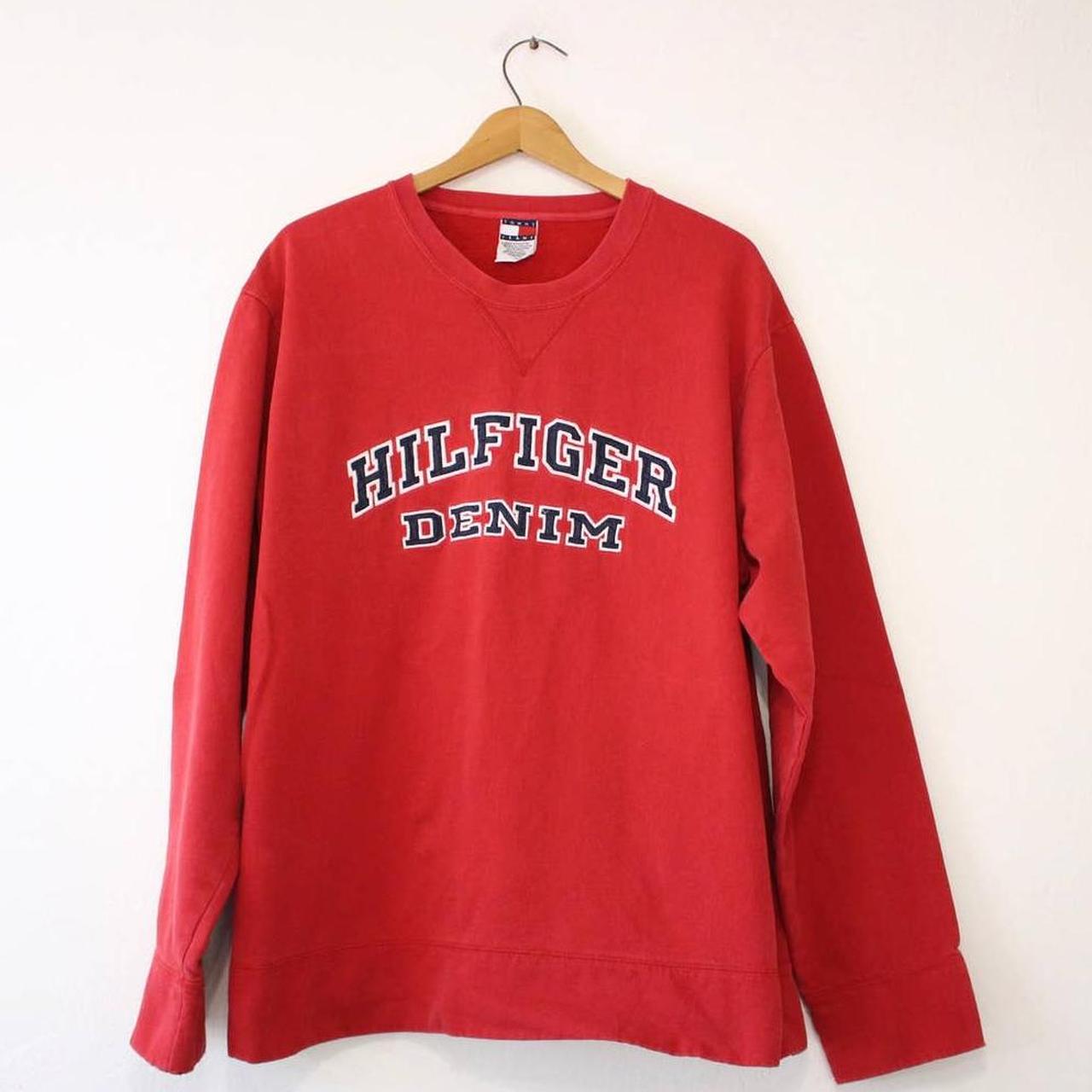 Tommy Hilfiger | Tops | Tommy Hilfiger Denim Gray Big Logo Crewneck Pullover  Curved Hem Sweatshirt | Poshmark