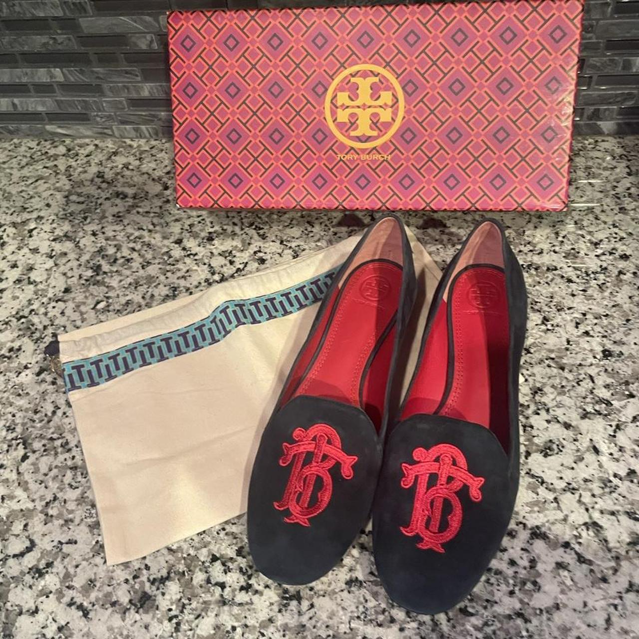 Tory Burch Women's Navy and Red Loafers | Depop