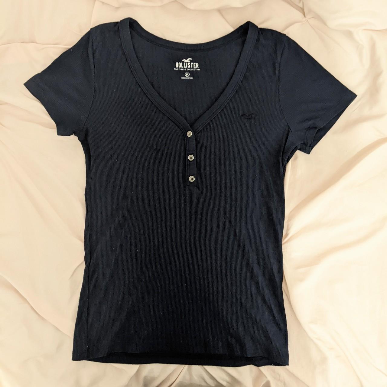 Navy blue v-neck short sleeve Hollister top button... - Depop