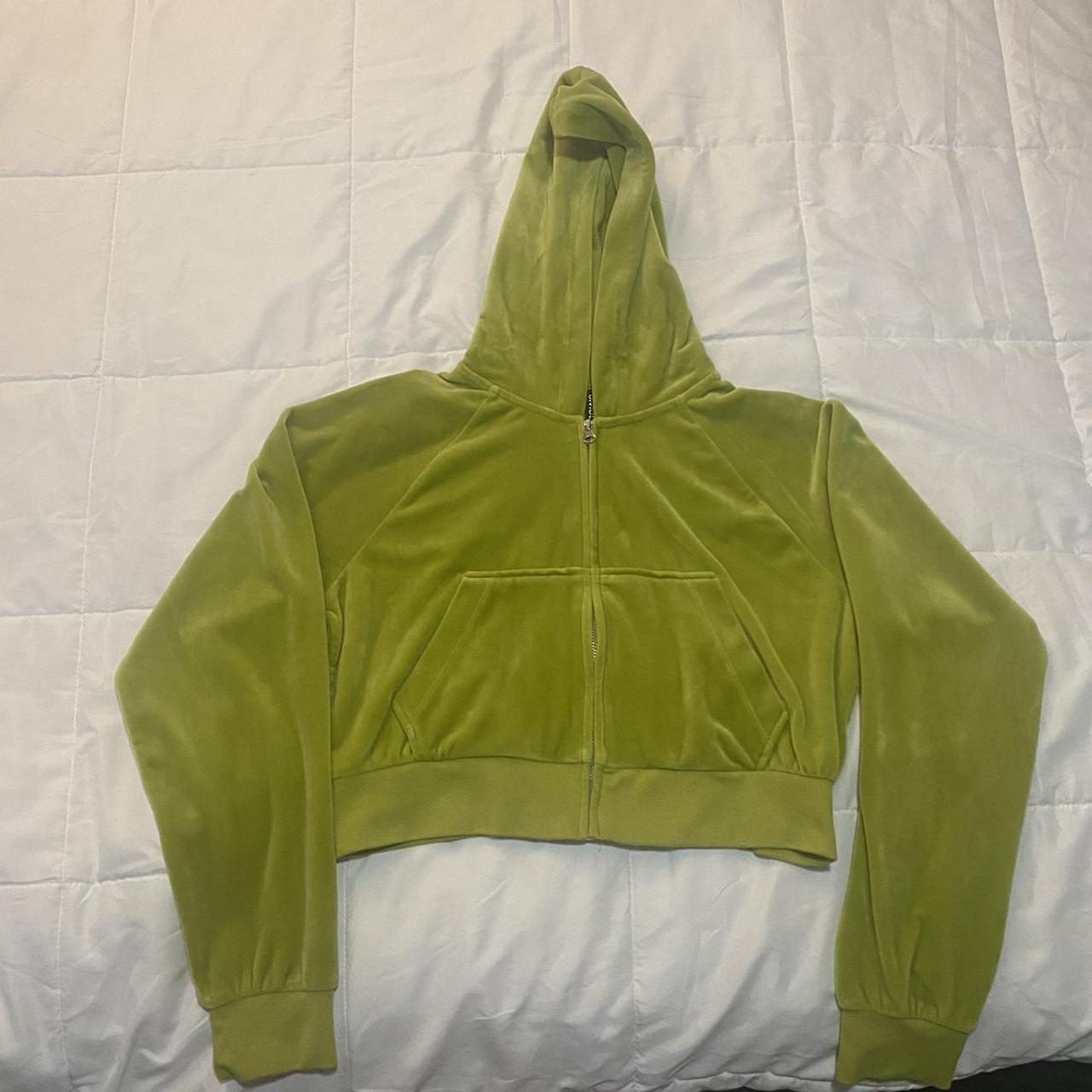 Neon green velour cropped zip up jacket. Size L, but... - Depop