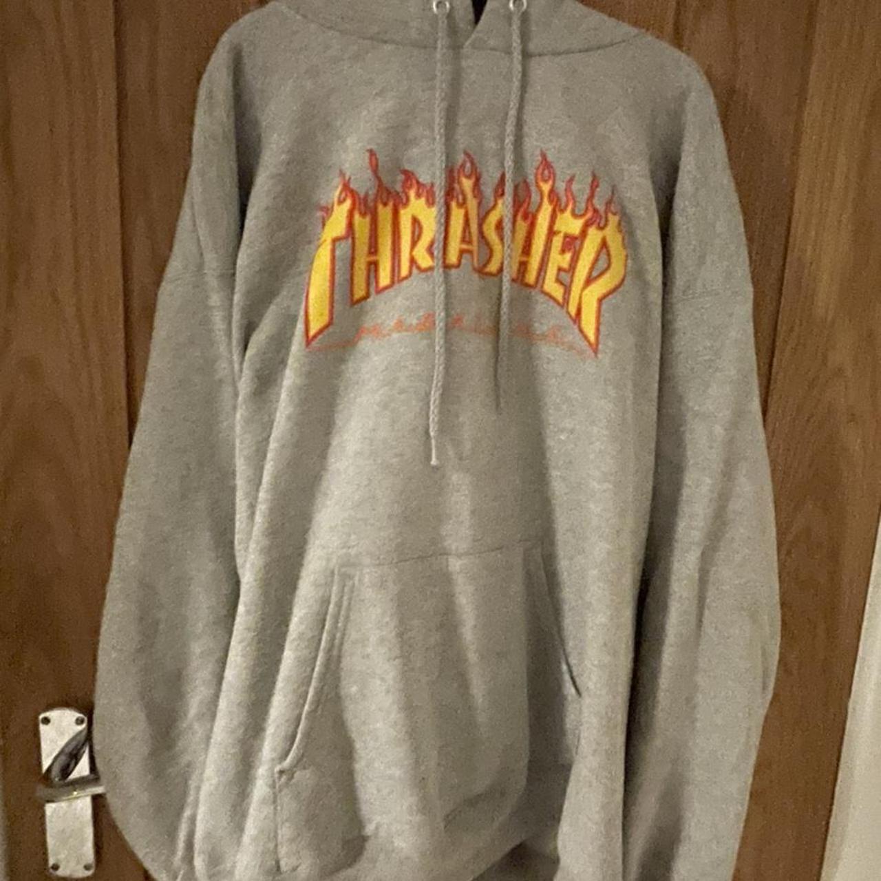 Grey + Flames Thrasher hoodie 🌊 Paid £60 for at... - Depop
