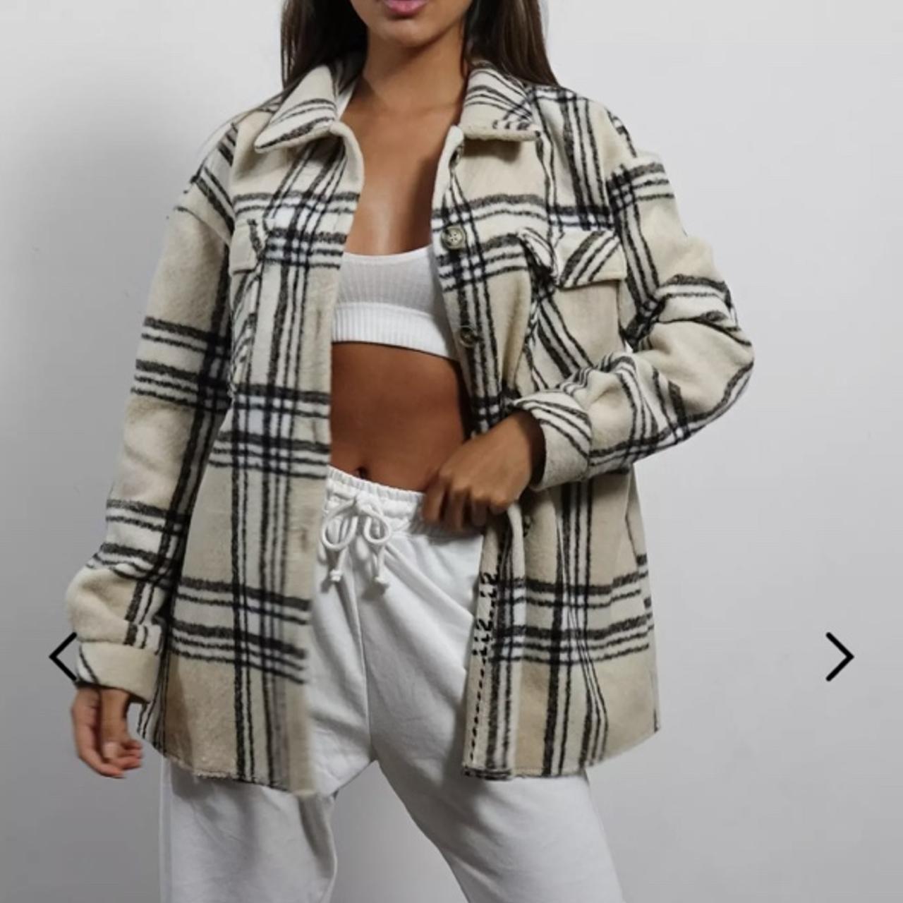 Checked Shacket Missguided Oversized Shacket MISSGUIDED Oversized Flannel  Shacket Women’s Petite Browns Blues Cream Plaid