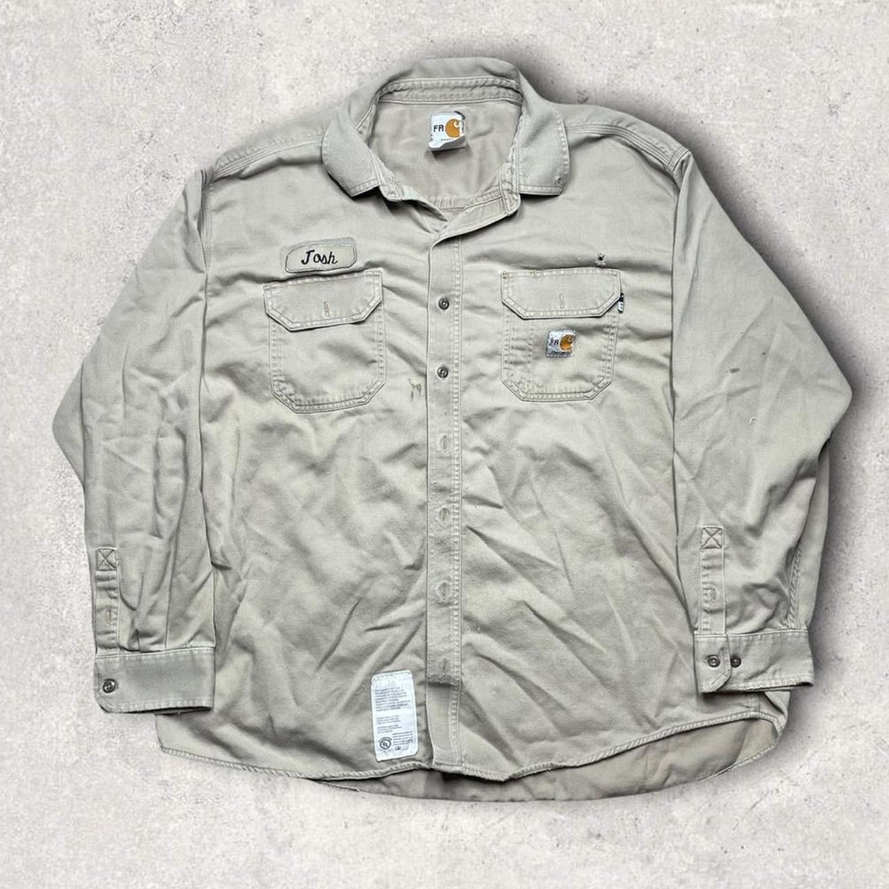 90s Khaki Carhartt Worker Button Up Collared Shirt... - Depop
