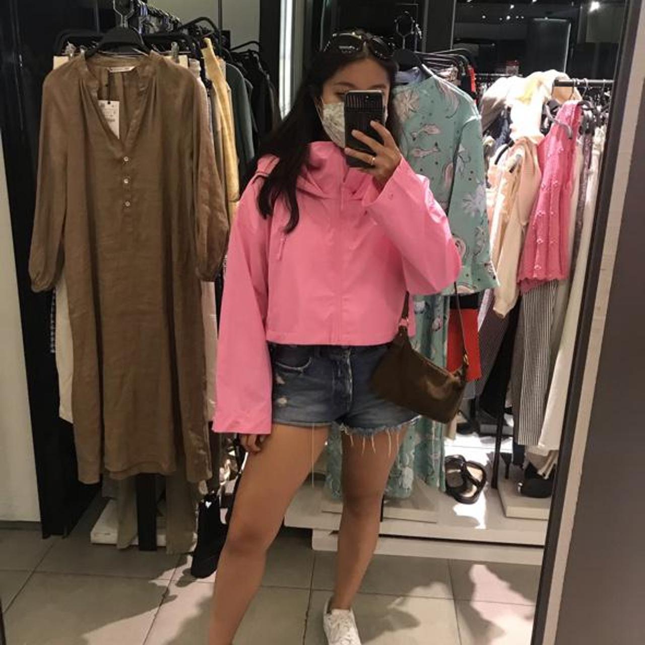 Hot pink cropped rain jacket from Zara •only worn... Depop