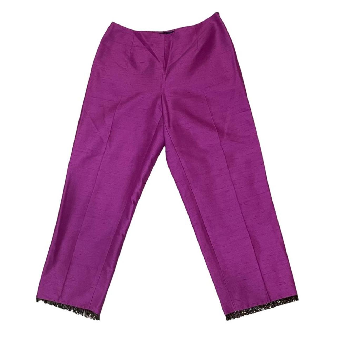 Houndstooth purple linen-cotton low waisted pleated cuffed Cigarette Pants  | Sumissura