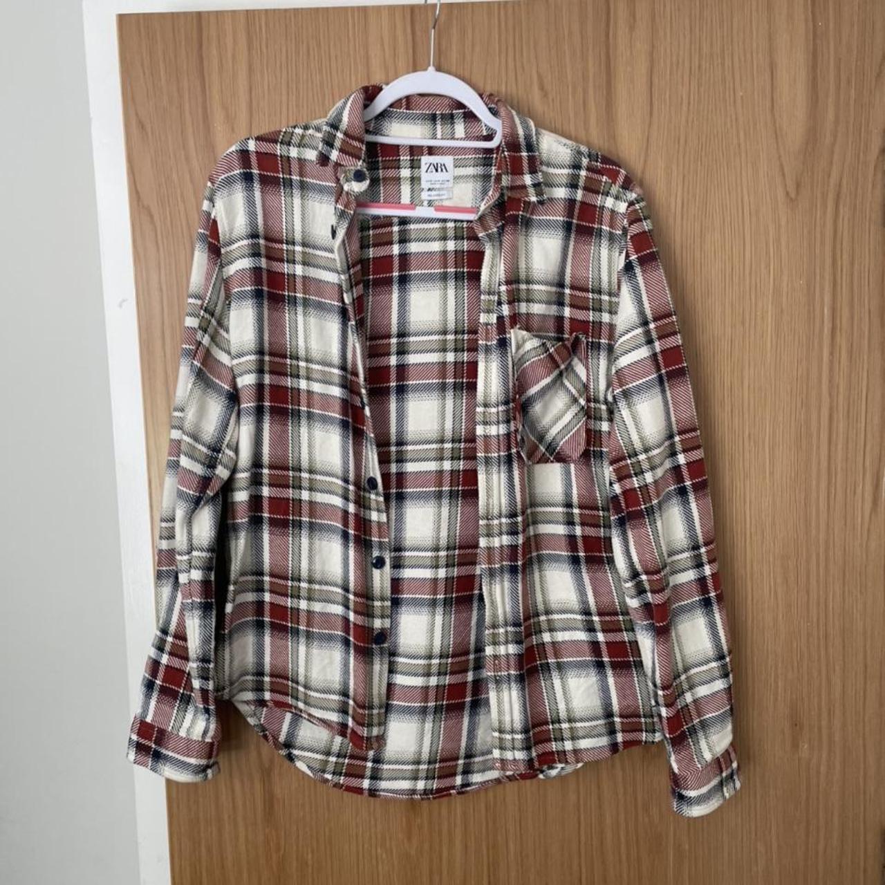 Mens zara over-shirt check shirt White and red... - Depop