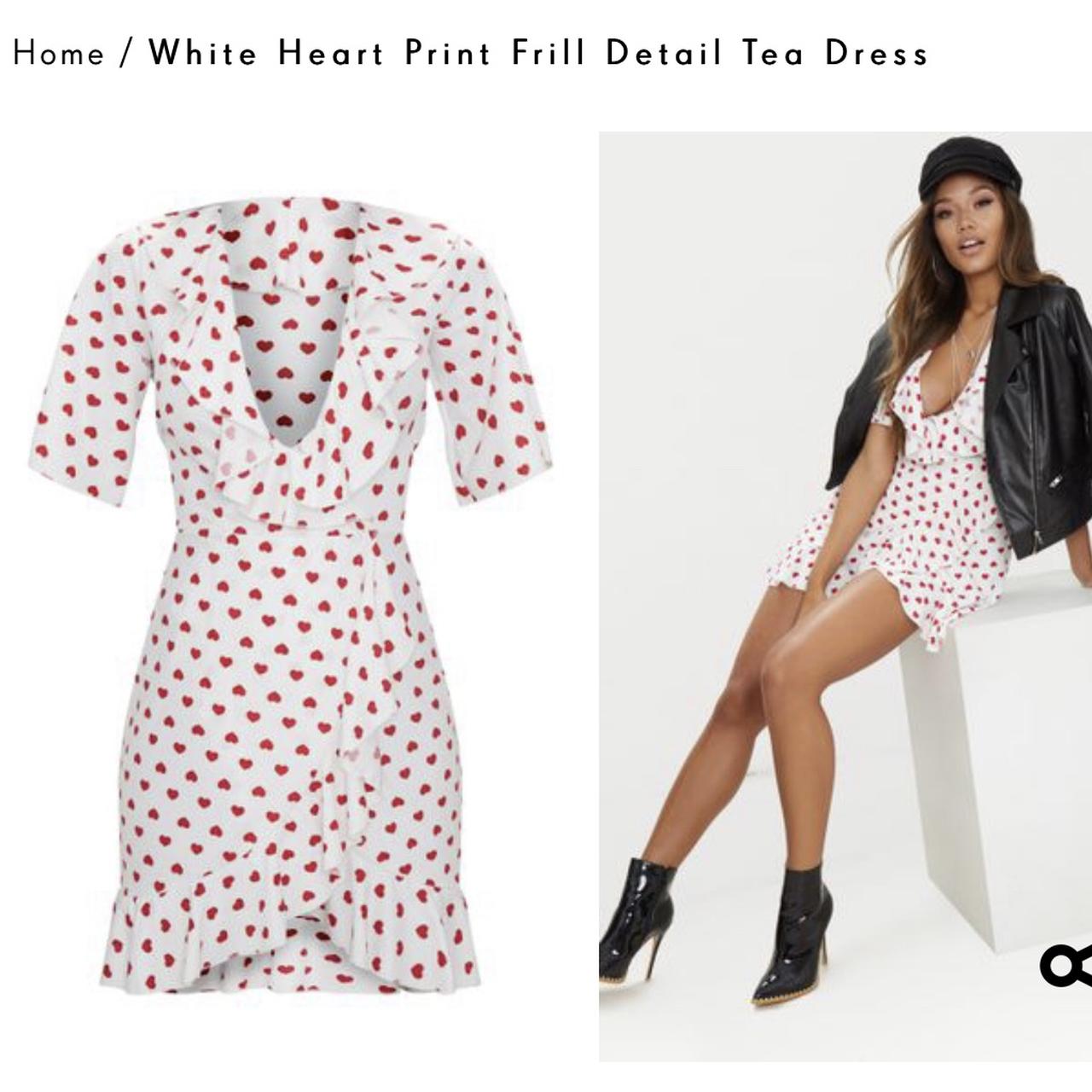 White heart print shop frill detail tea dress