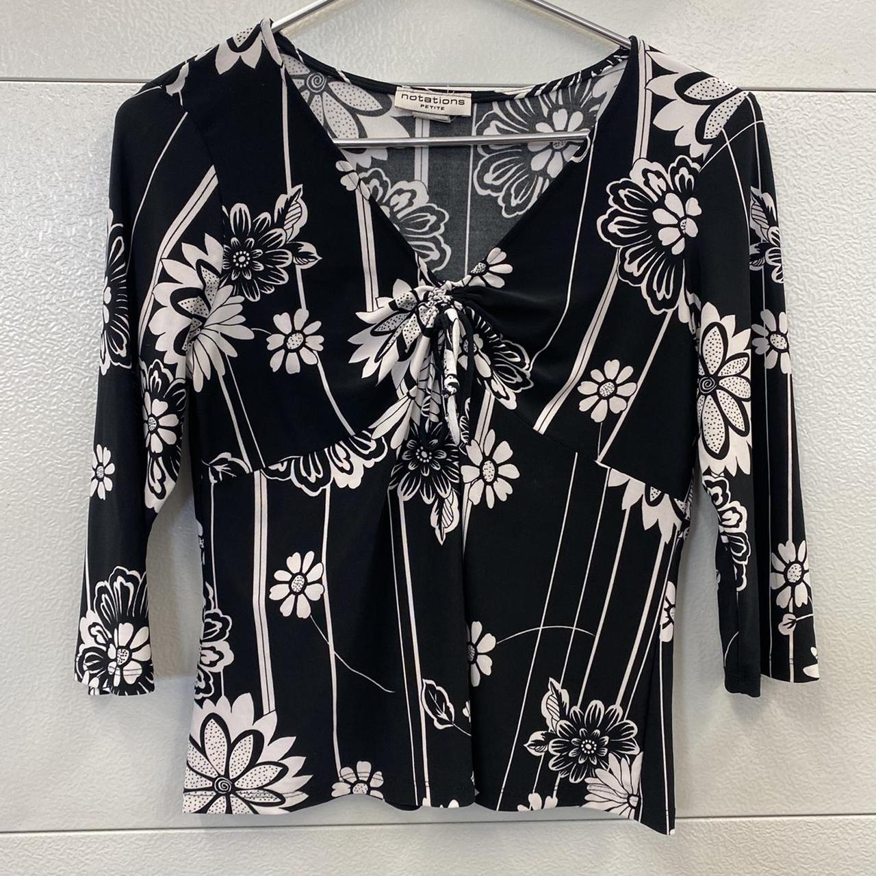 this cute black and white floral y2k blouse... - Depop