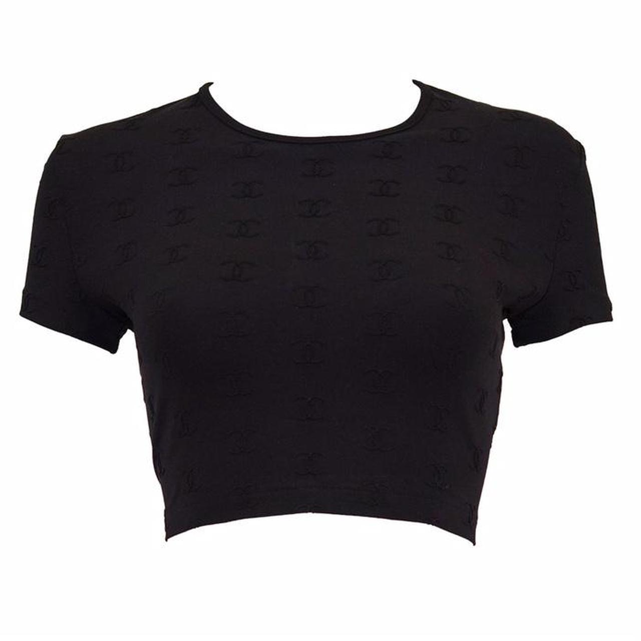 Chanel CC Logo Velour Black Crop Top size 42. - Depop