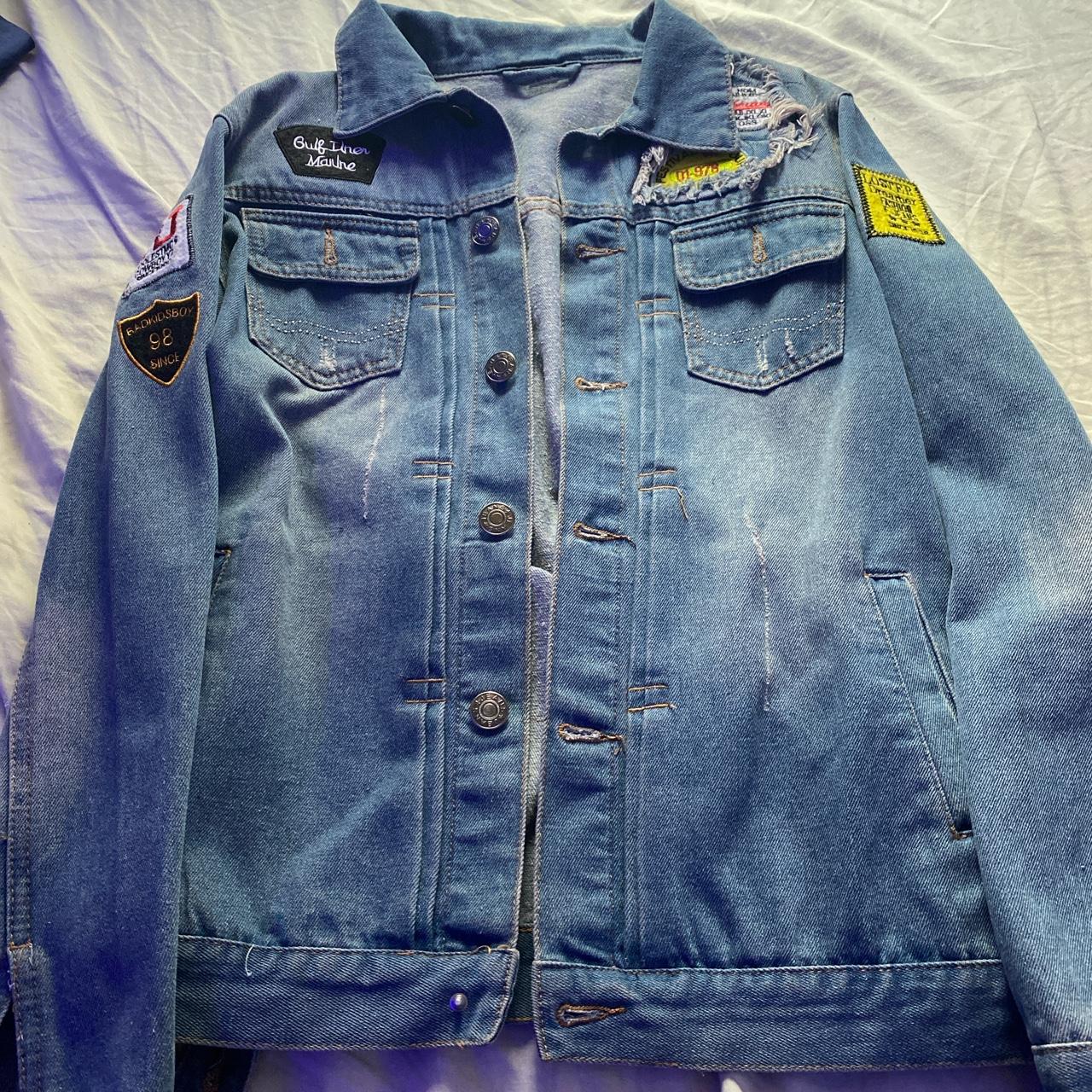 MENS DENIM JACKET W PATCHES AND SLIGHT DISTRESSING. - Depop