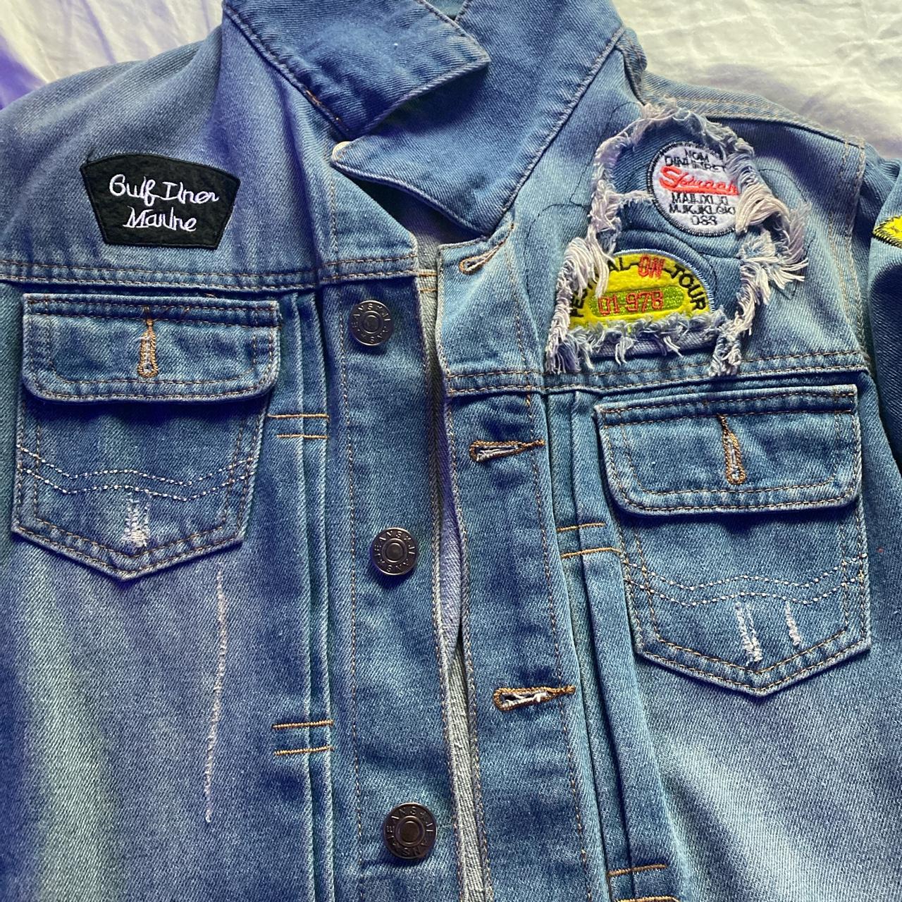 MENS DENIM JACKET W PATCHES AND SLIGHT DISTRESSING. - Depop