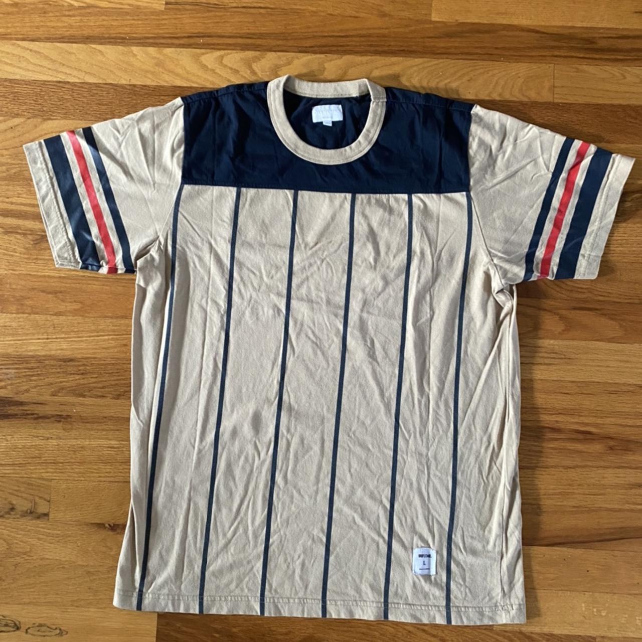 Supreme SS17 Pinstripe S/S Football Top Tan navy... - Depop