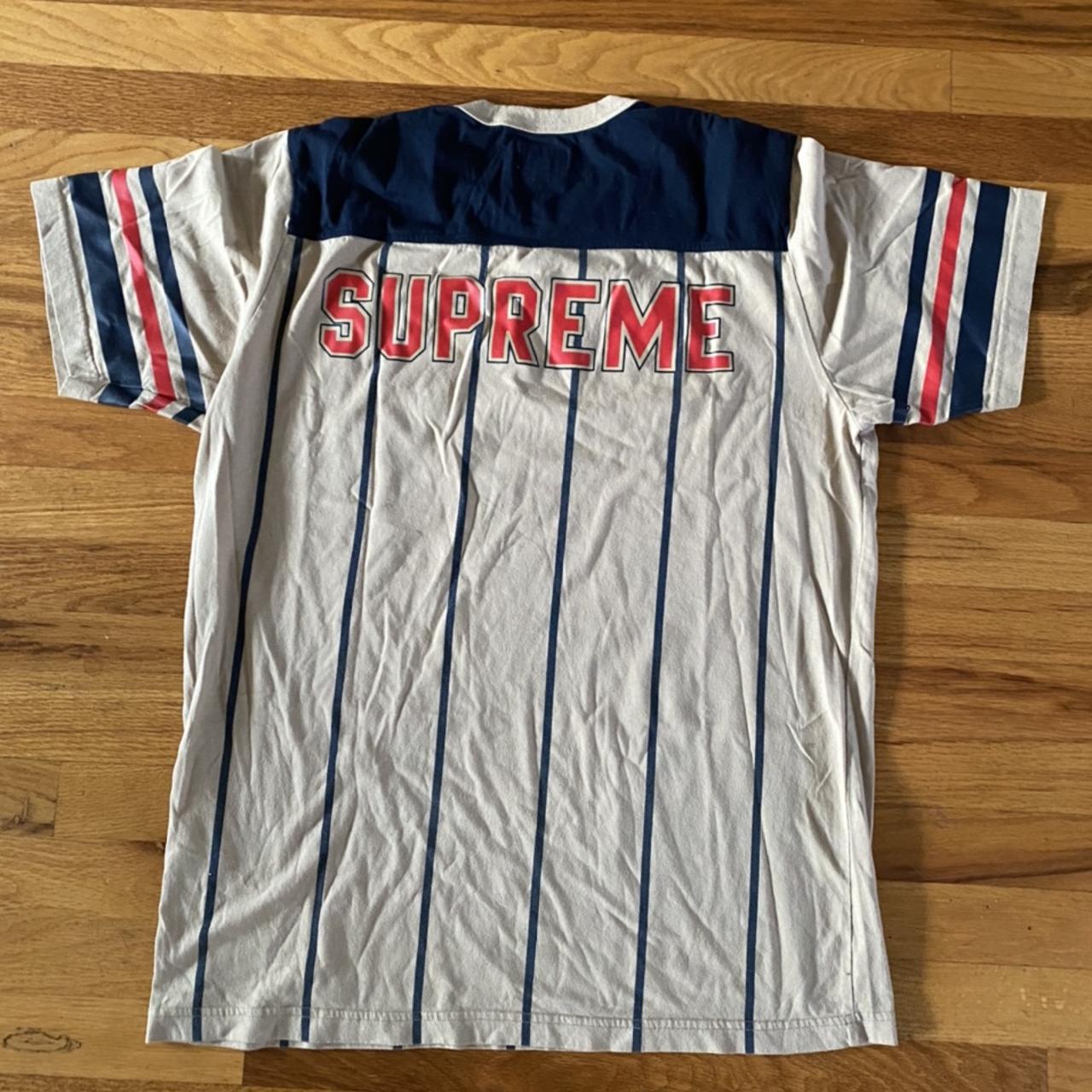 Supreme SS17 Pinstripe S/S Football Top Tan navy... - Depop