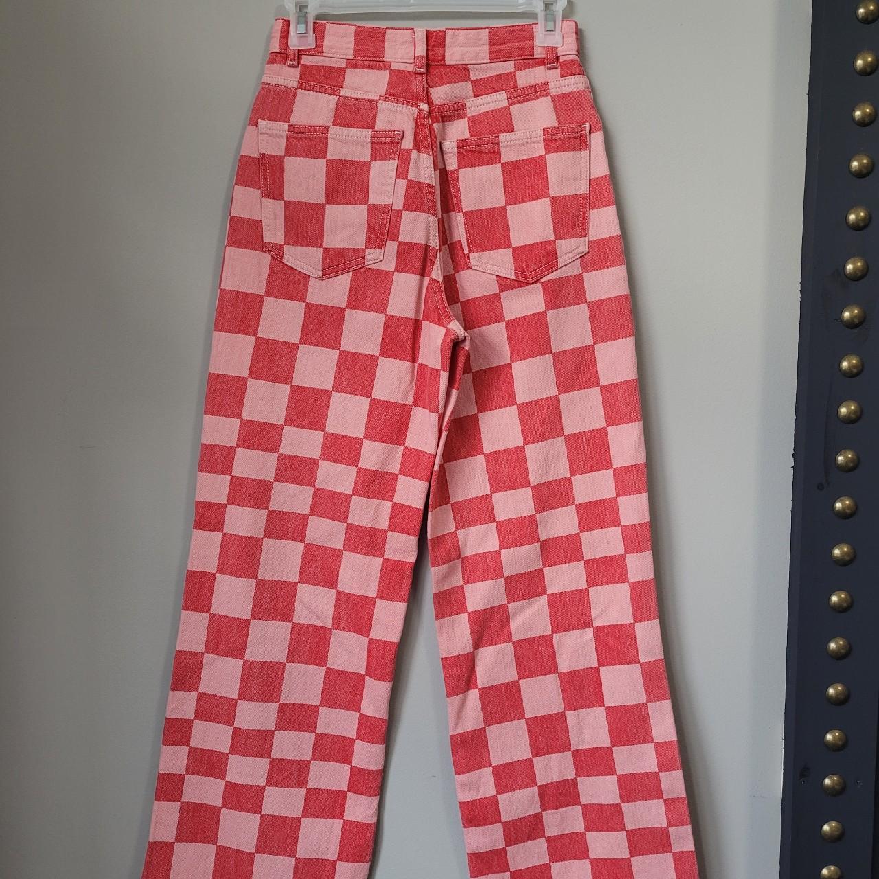 Zara pink and red checkered jeans. Size US2 - worn... - Depop