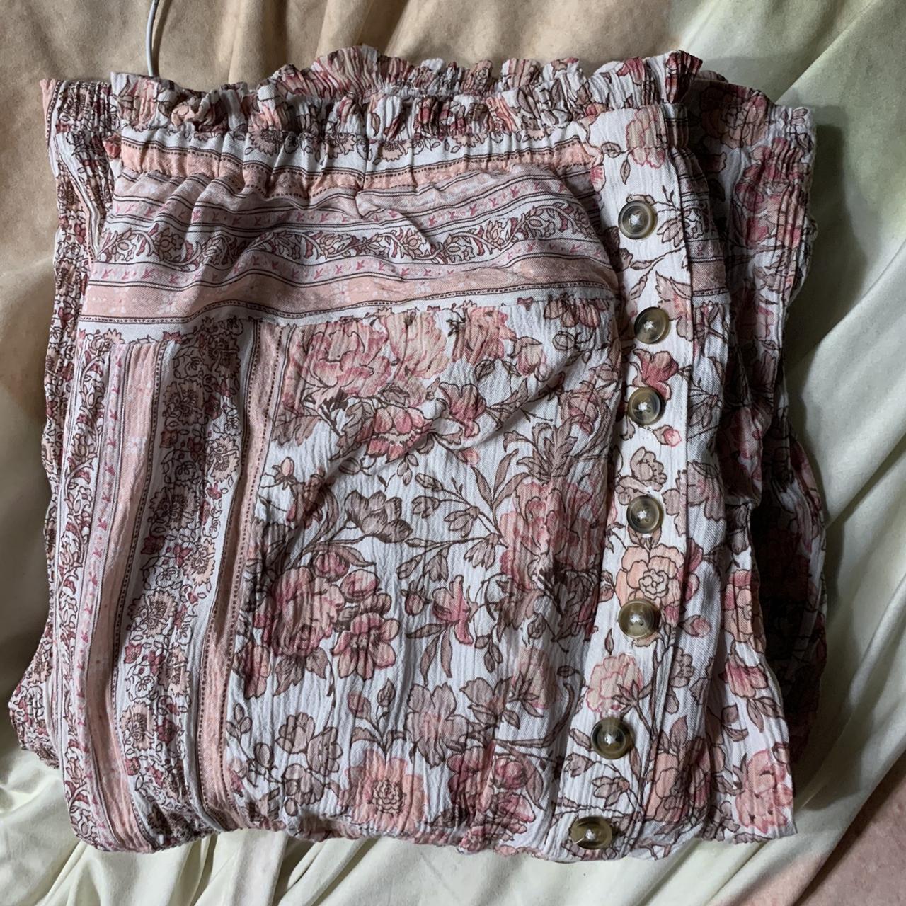 pink floral strapless jumpsuit with tassels size L,... - Depop