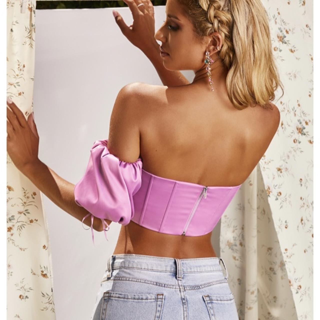 oh polly true bliss bardot puff sleeve corset crop top in purple