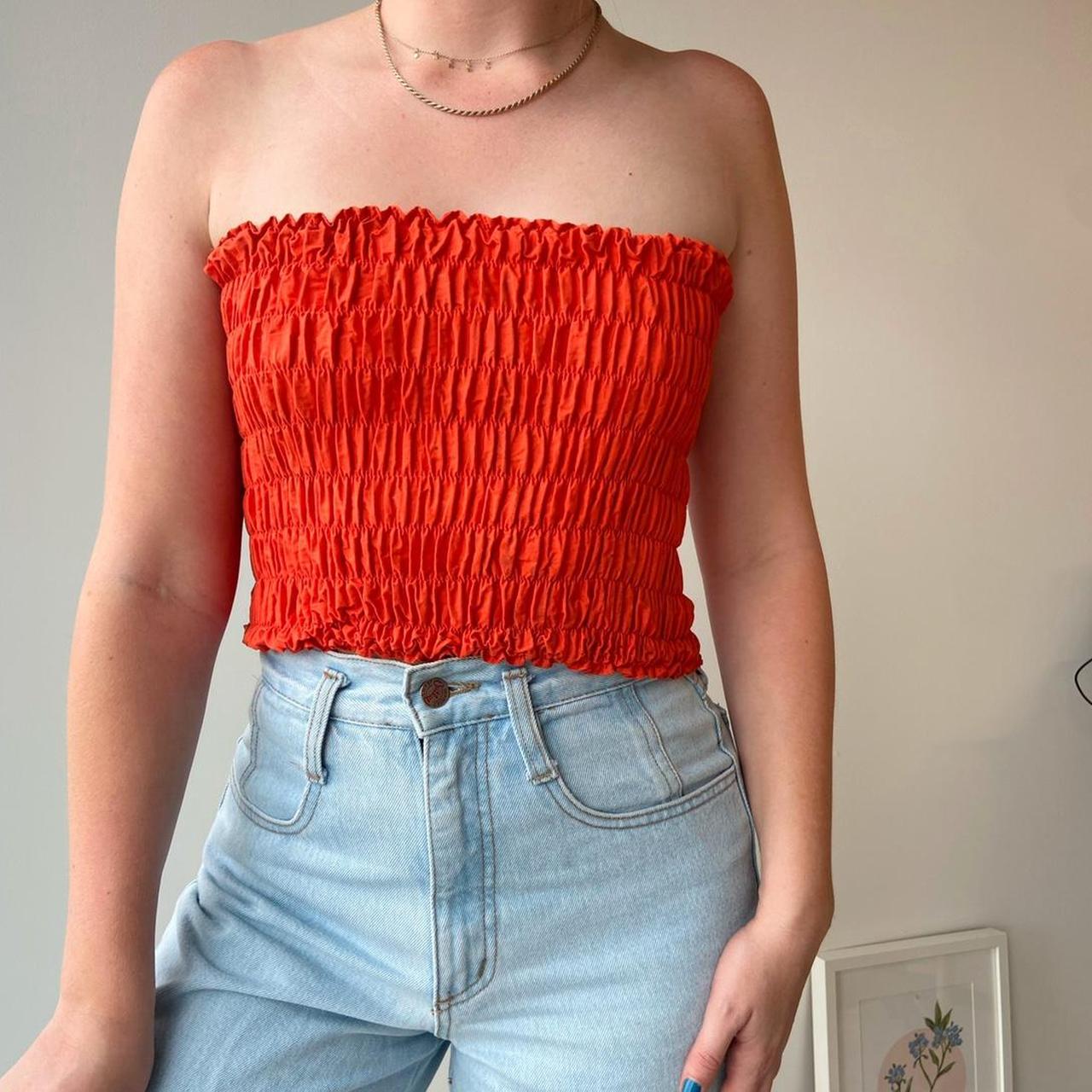 Vintage 90s Bright Bandeau Top In Orange An... - Depop