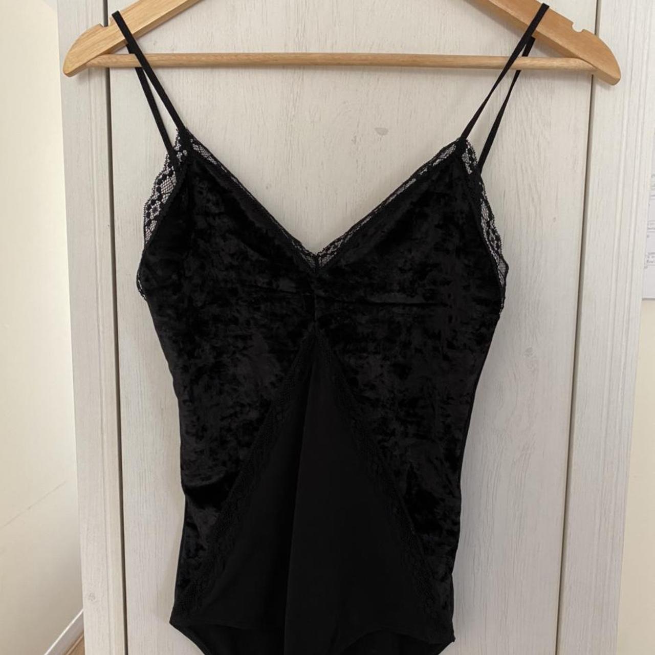 Zara black velvet bodysuit with lace trim and... - Depop