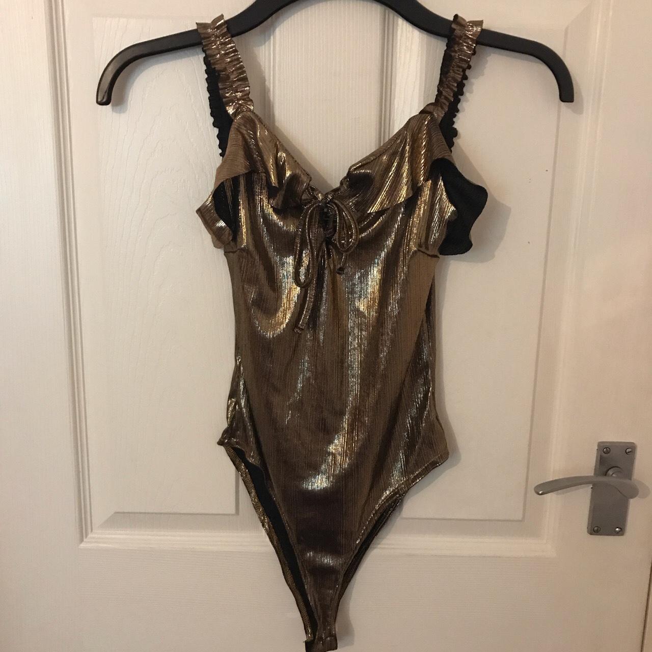 Select Fashion Women's Gold Bodysuit Depop