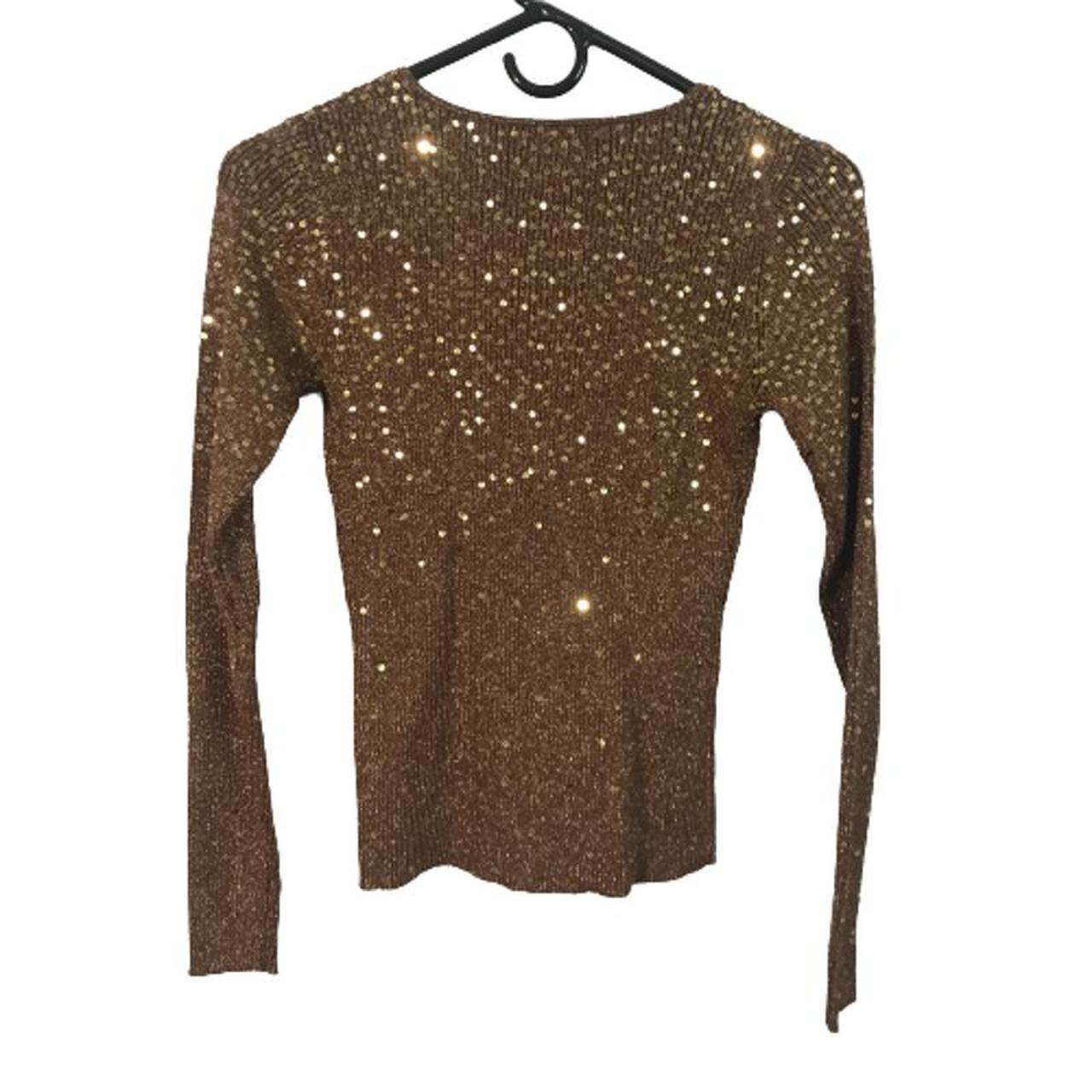 Brown Gold Sequin Rib Knit Sweater by Dressbarn New... - Depop