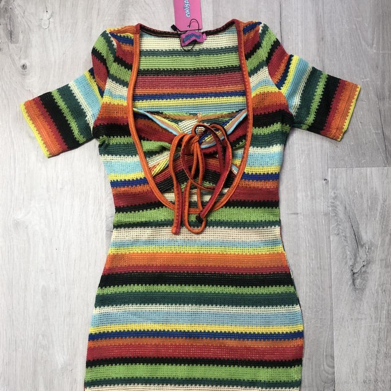 edikted crochet stripe mini dress with seperate boob... Depop