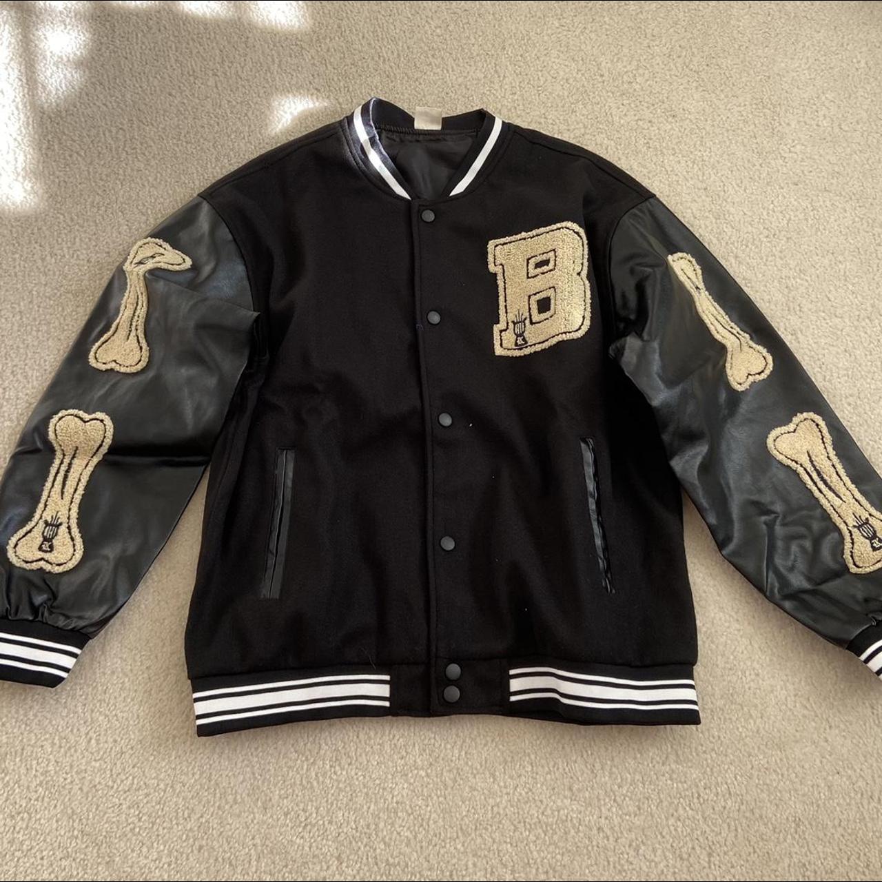 Unisex black letterman varsity bomber jacket bones... Depop