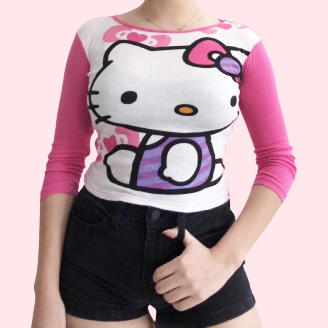 Y2K Hello Kitty Raglan Baby Tee with pink sleeves.... - Depop