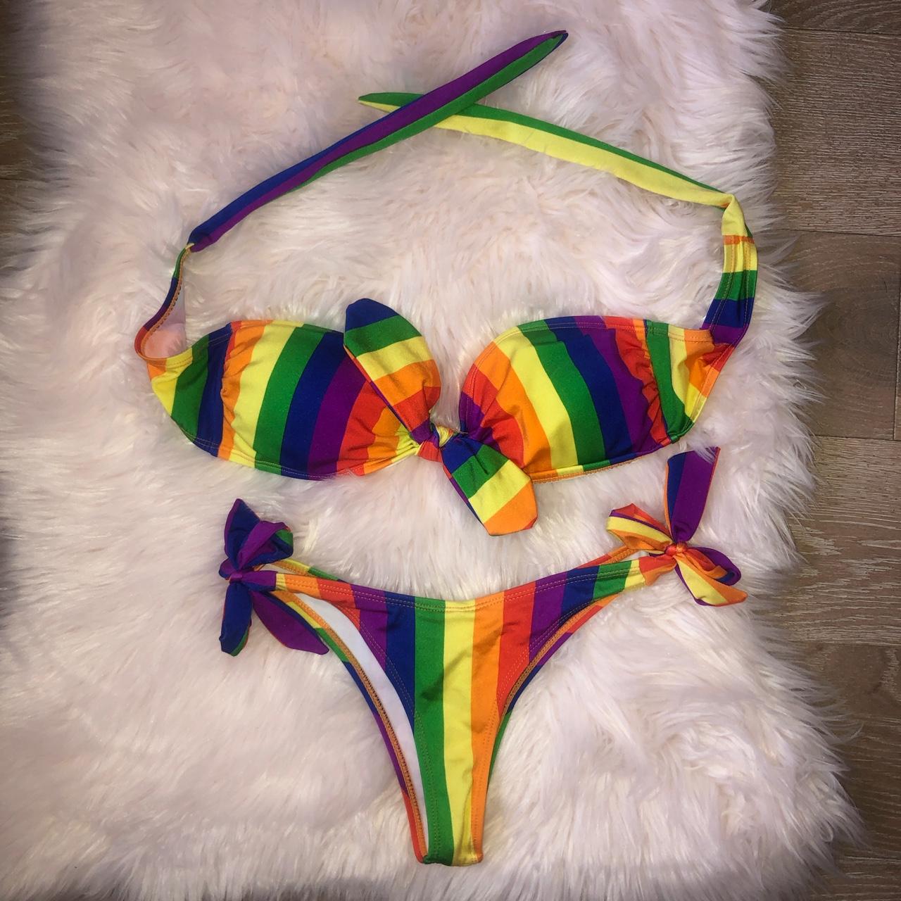 Absolutely unreal rainbow stripe bikini bandeau... - Depop