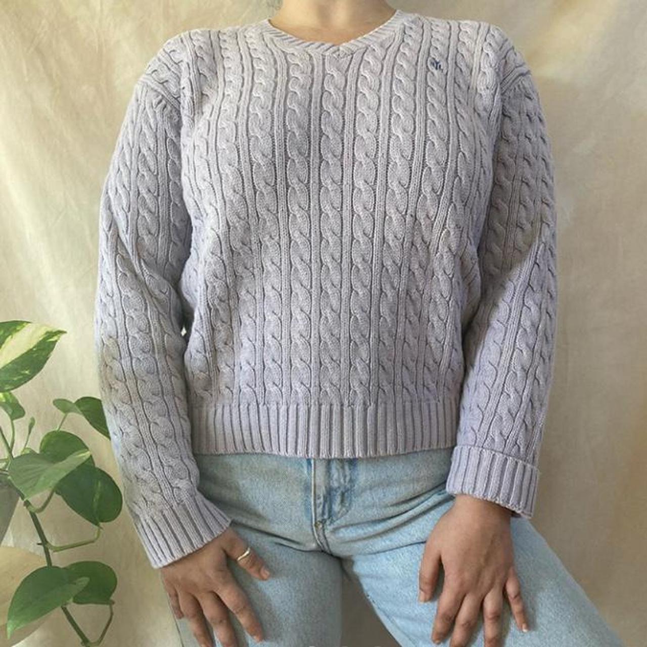🌾 y2k pastel lilac chunky cable knit logo sweater... - Depop