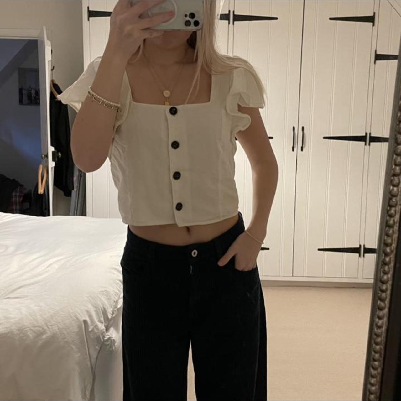 Zara white linen top with buttons and ruffle... Depop