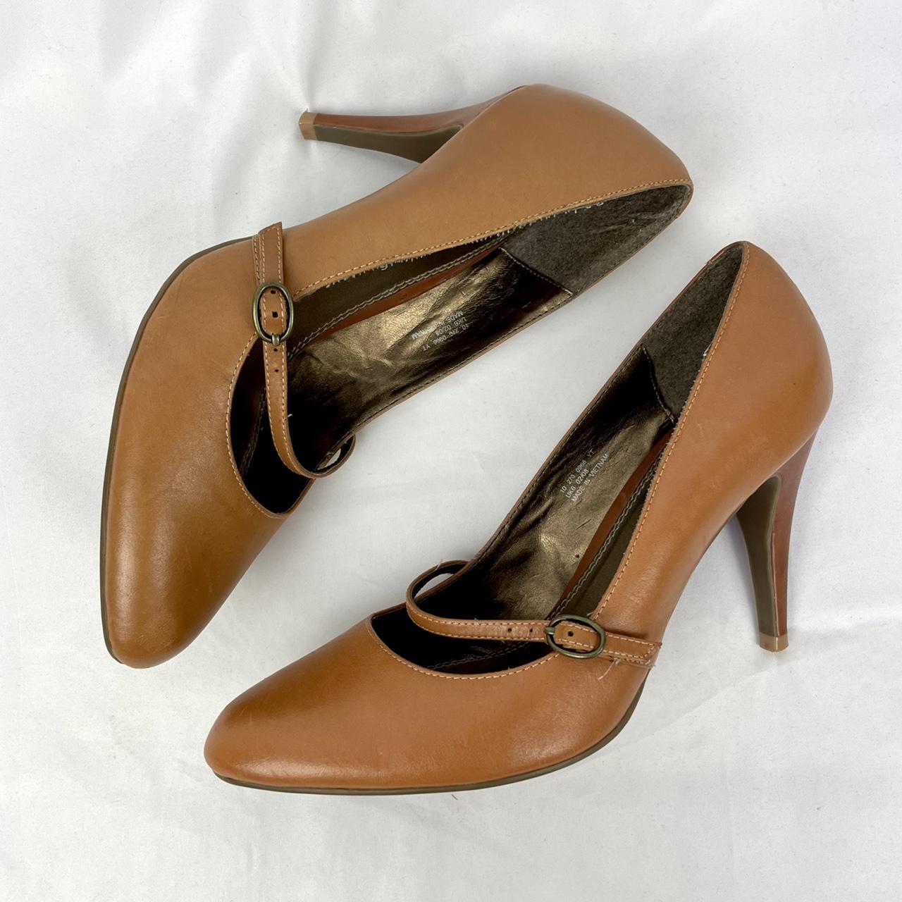 Pointed toe tan stiletto high heels with buckle... - Depop