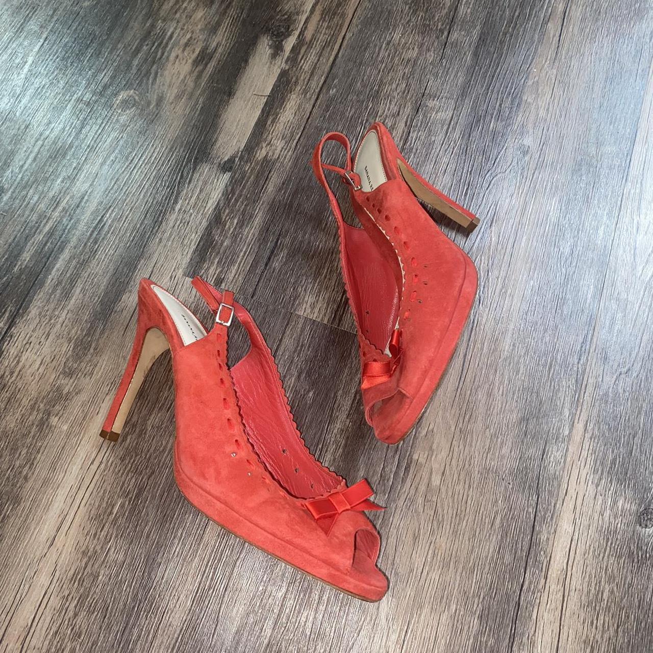 Banana Republic Red Suede Sling-Back Heels. Peep toe... - Depop