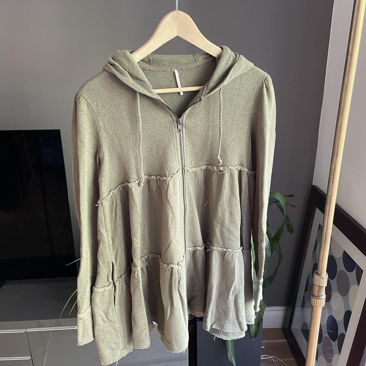 Free people green tiered trapeze zip up hoodie Size... - Depop