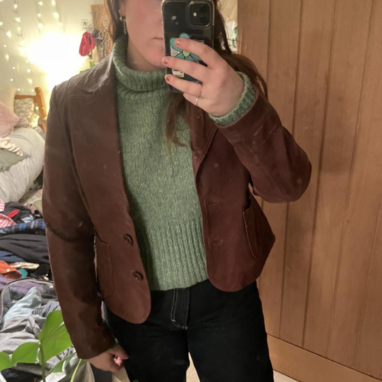 Brown leather blazer style vintage jacket. In really - Depop