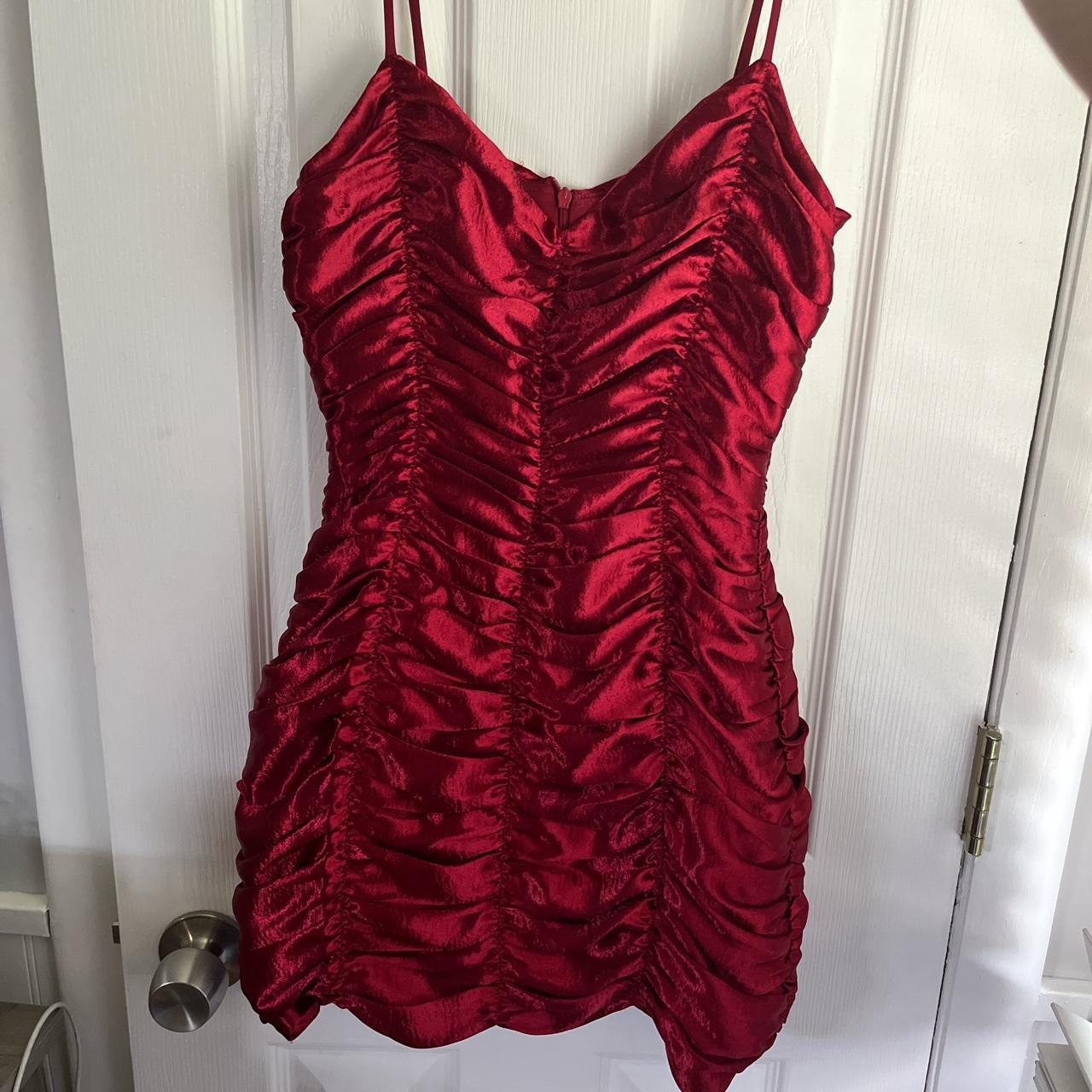 lucy in the sky ruched red silk mini dress tight... - Depop