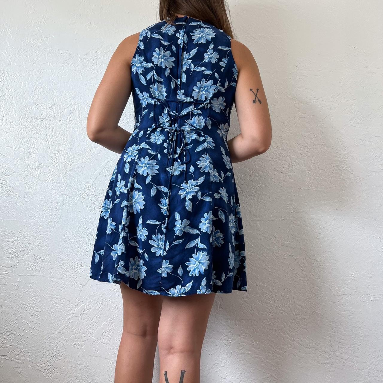 90’s vintage blue floral mini dress// corset back... - Depop