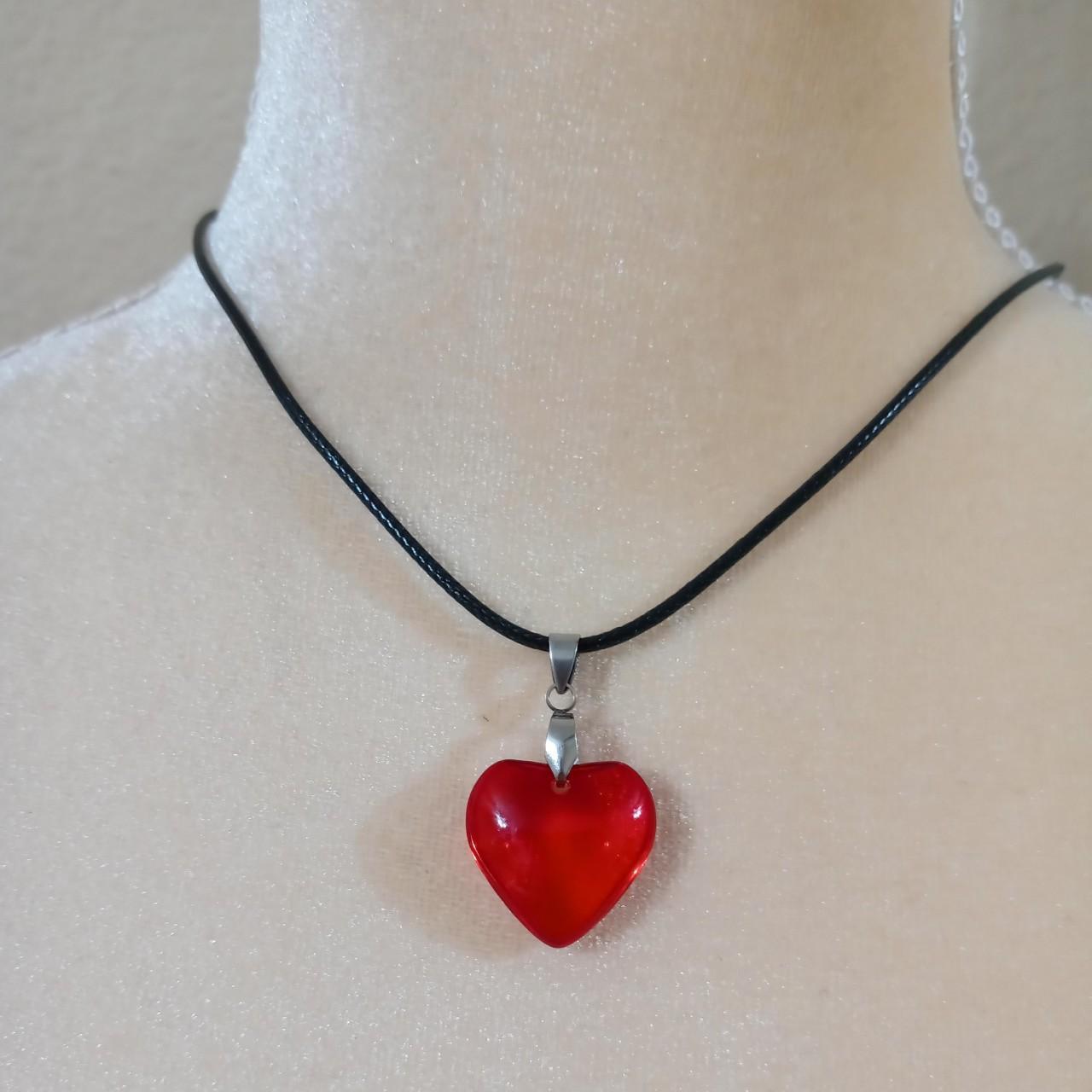 Small red glass heart necklace choker pendant with... - Depop