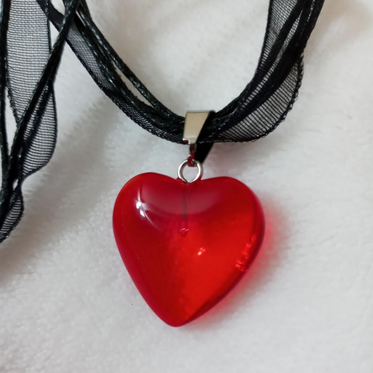 Small red glass heart ribbon necklace pendant Heart... - Depop