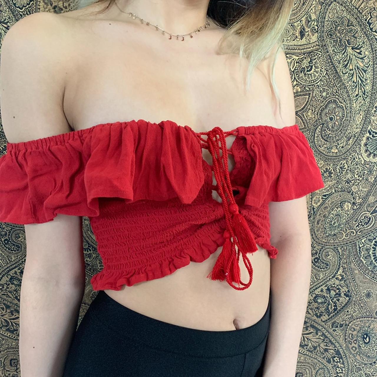 Off the shoulder cute crop top, tie up opening in... - Depop