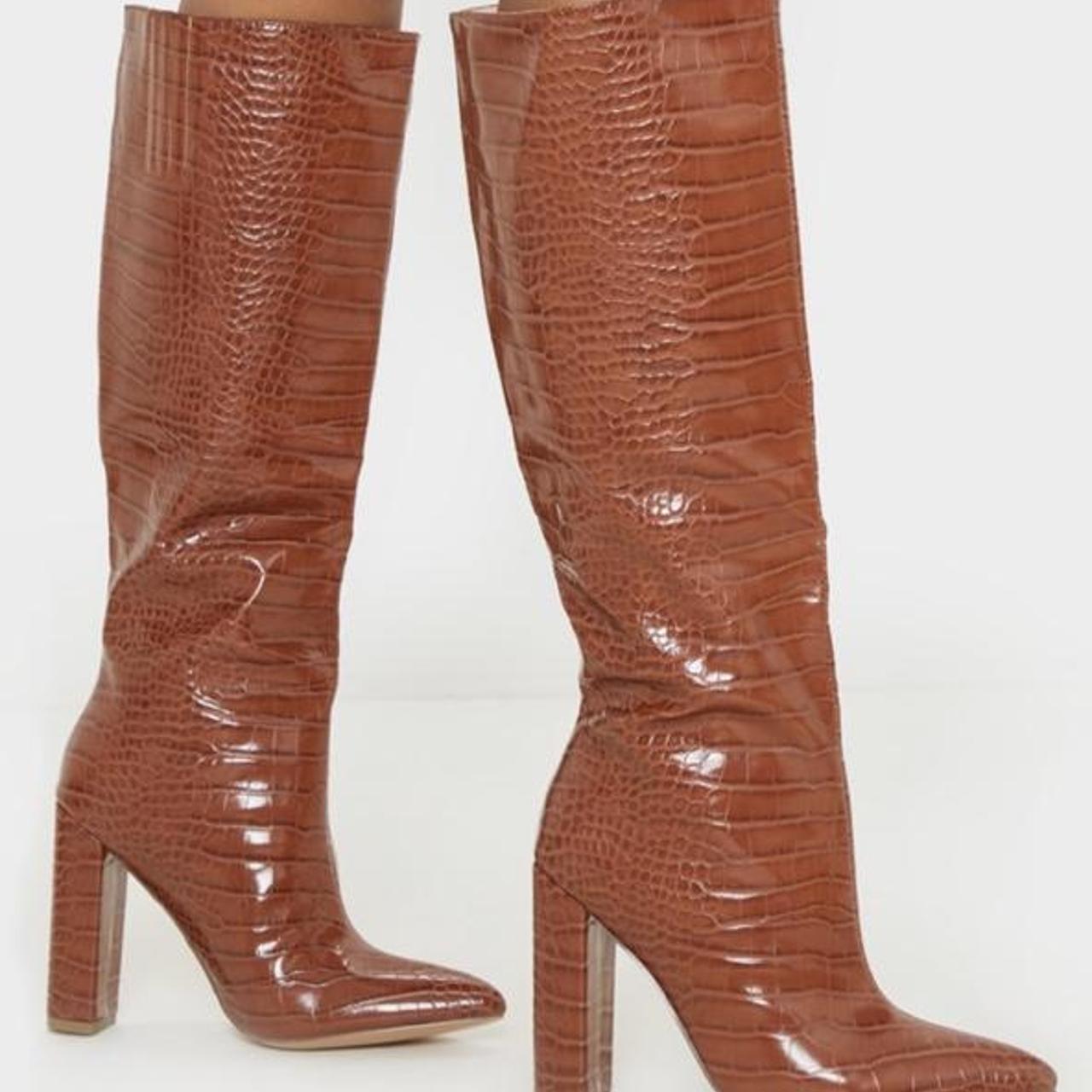 tan croc knee high boots