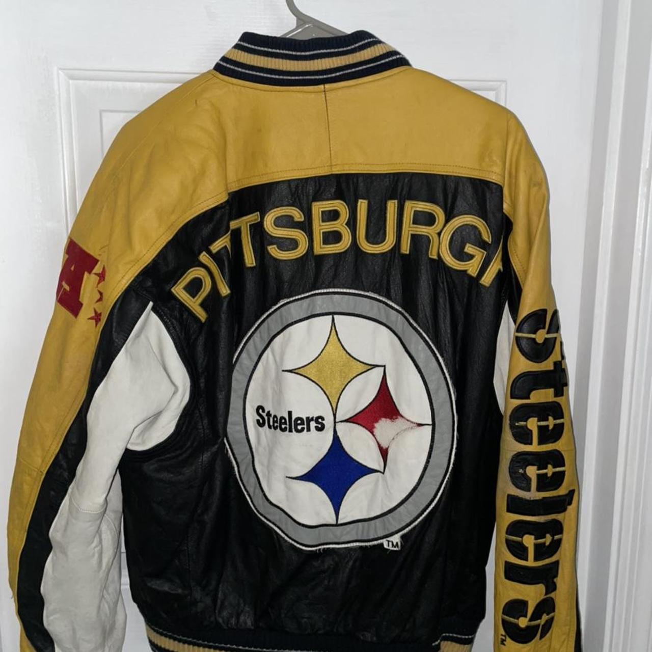 Mens Pittsburgh Steelers Jacket Faux Leather Logo Spellout Black &  Yellow Medium