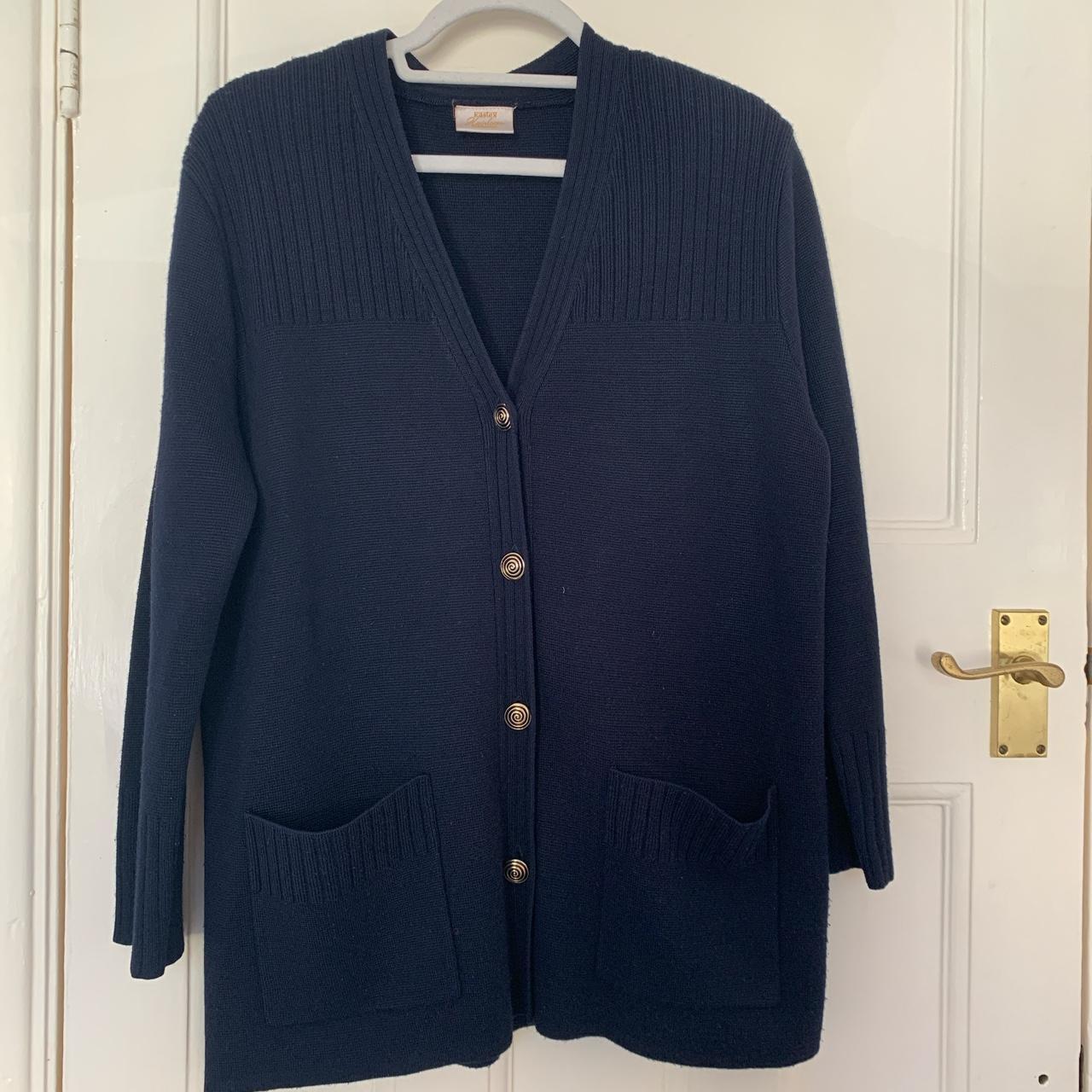 🤍 Navy blue thick cardigan with gorgeous gold spiral... - Depop