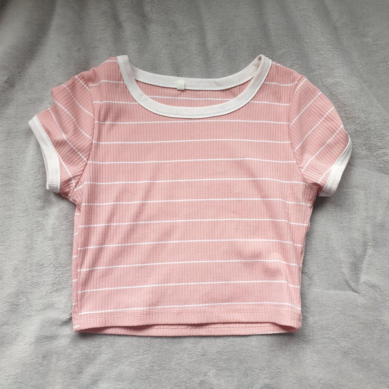 Romwe Women's Pink and White Crop-top | Depop