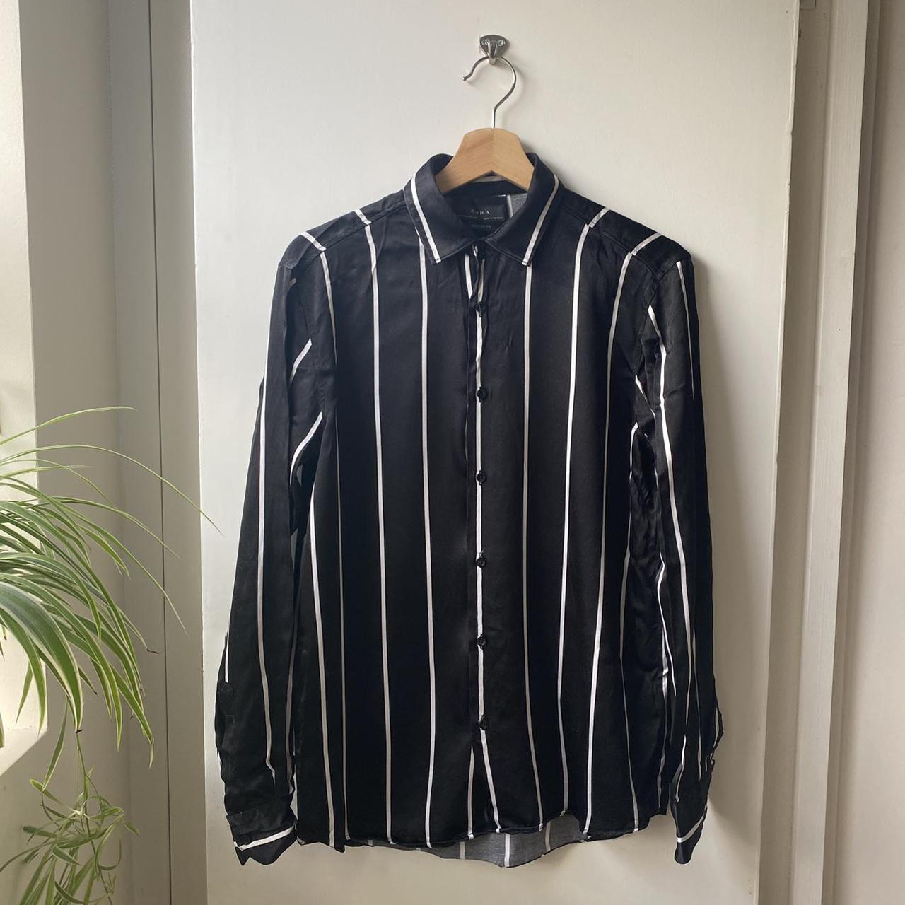 Zara silk black and white striped long sleeved shirt - Depop
